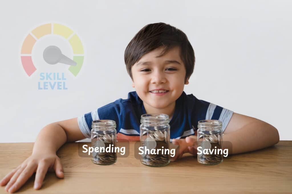 Money skills for kids - money jar system showing spending, saving, and sharing jars for kids' allowance