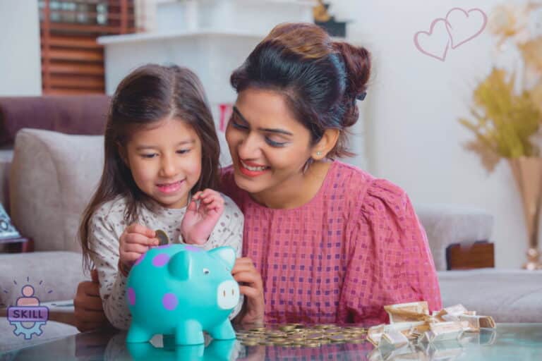 Money skills for kids made easy: teach smart habits that last a lifetime parent and child learning money skills together with coins and a piggy bank